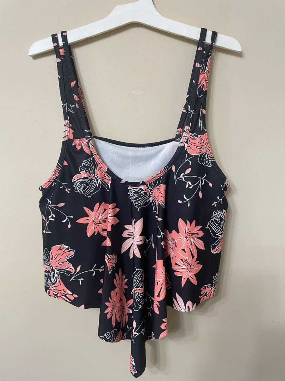 Floral Tankini Top - Black with Coral Pink Flowers